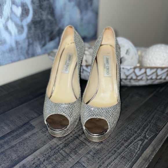 Jimmy Choo Glitter Fabric Champagne Crown Pumps - Picture 3 of 10